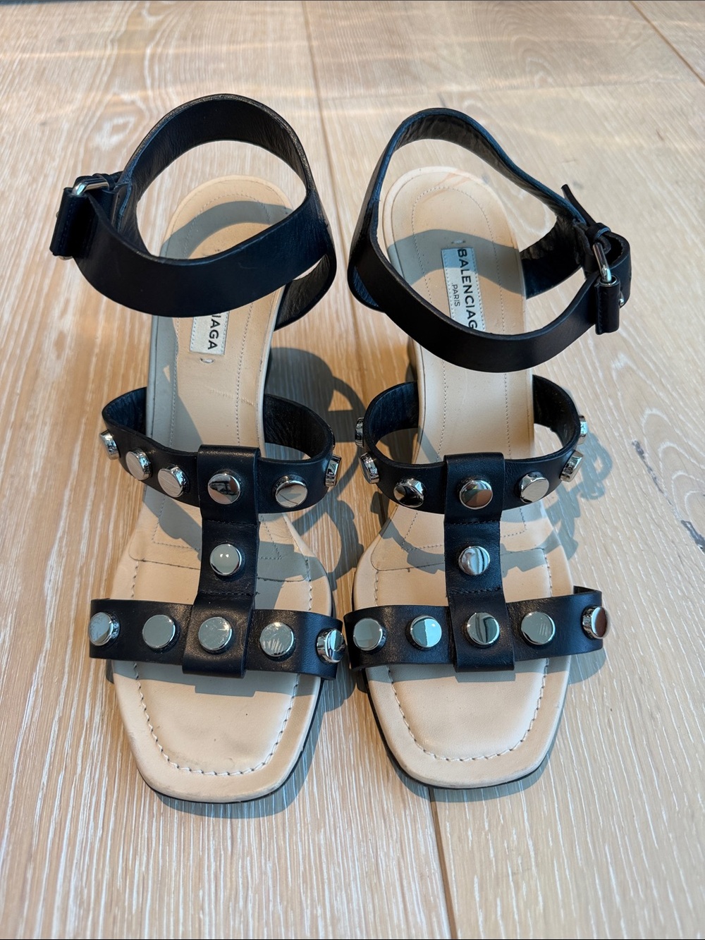 Balenciaga Black Leather Studded T-Strap Sandals